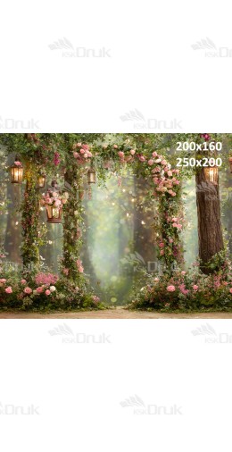 Tło fotograficzne romantyczny leśny łuk z lampionami | E562